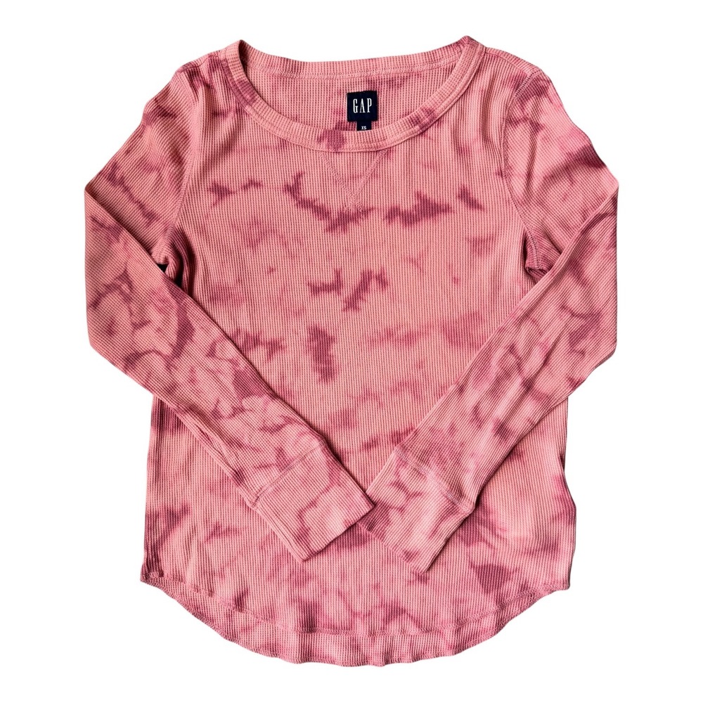 GAP Women's Waffle Knit Long Sleeve‎ Tie Dye Top XS Pink Thermal Shirt Cozy